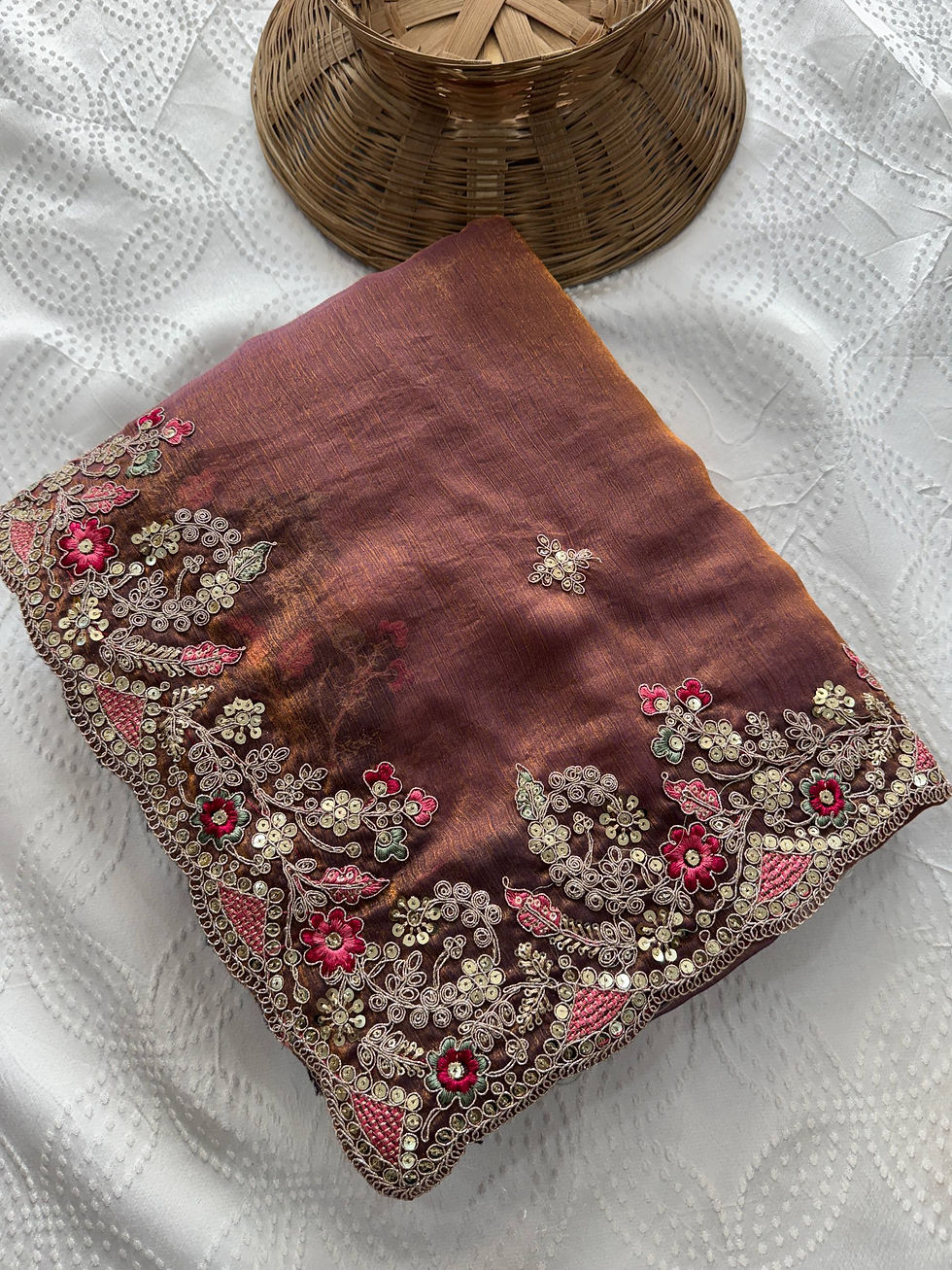 Thumbnail: Women Fendy Chiffon Silk Saree with Embroidery Work Wedding Wear Saree