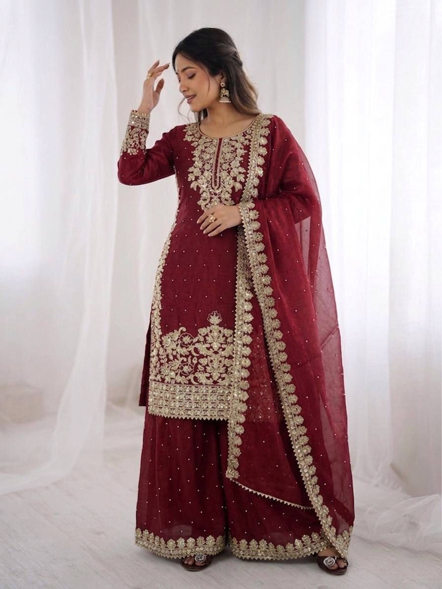 Thumbnail: GMY Silk Palazzo Suit Set Coding Sequence Embroidery Moti Work with Dupatta Part