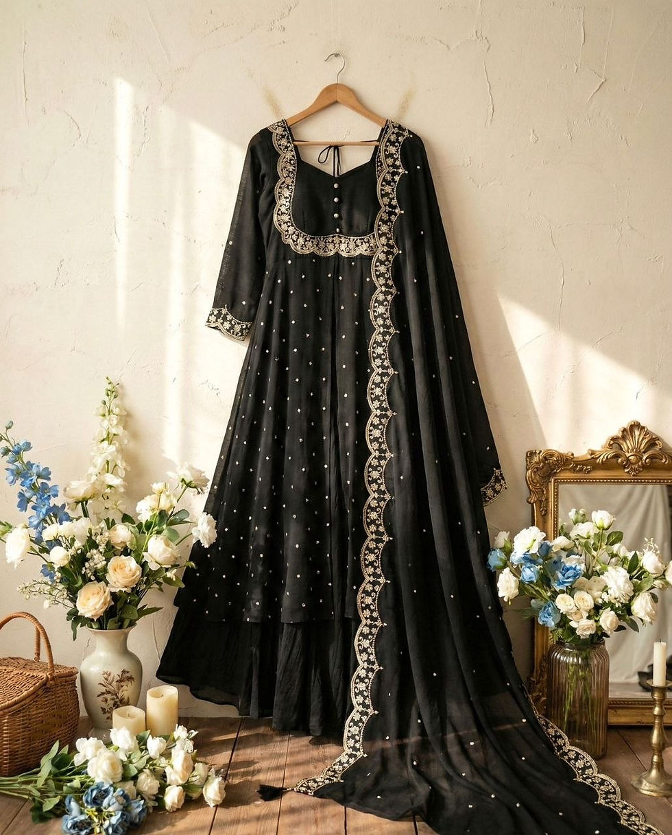 Thumbnail: Vichitra Silk Cape Lehenga Set with Dupatta Gold Thread Sequin Embroidery Design