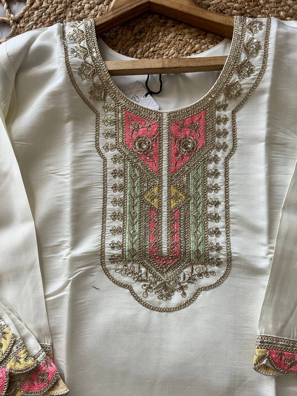 Thumbnail: Women's Premium Silk Blend Embroidered Kurti Pant Set | Designer Straight Kurta