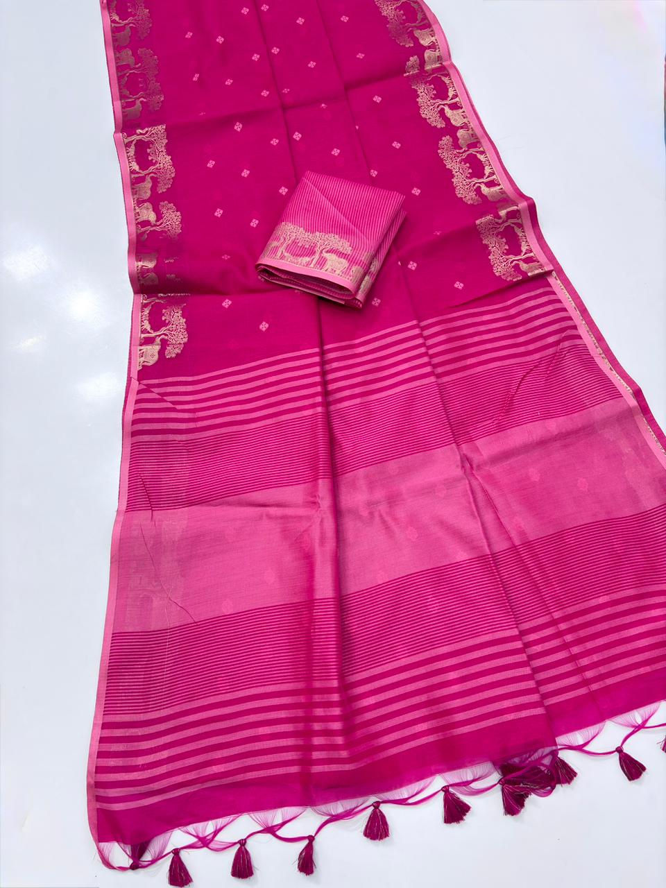 Thumbnail: Premium Khadi Raw Silk Saree with Bandhani Butti & Elephant Border