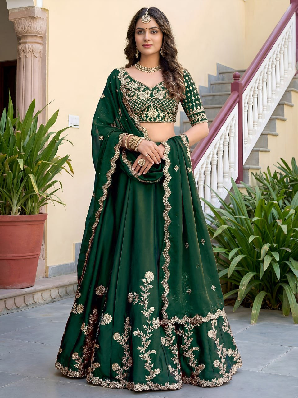 Thumbnail: Women's Premium Rangoli Silk Semi-Stitched Lehenga Choli Set with Embroidered Du