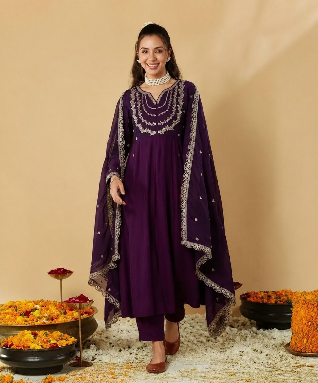 Vichitra Embroidered Kurti Pant Dupatta Set for Women Festive Ethnic Traditional