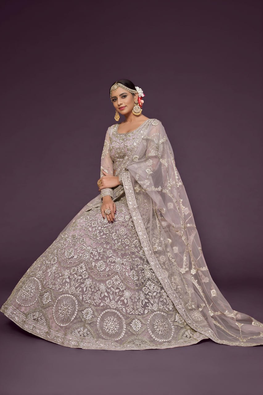 Thumbnail: Soft Net Embroidered Lehenga Choli Set for Women Zari Badla Dori Work Bridal Wed