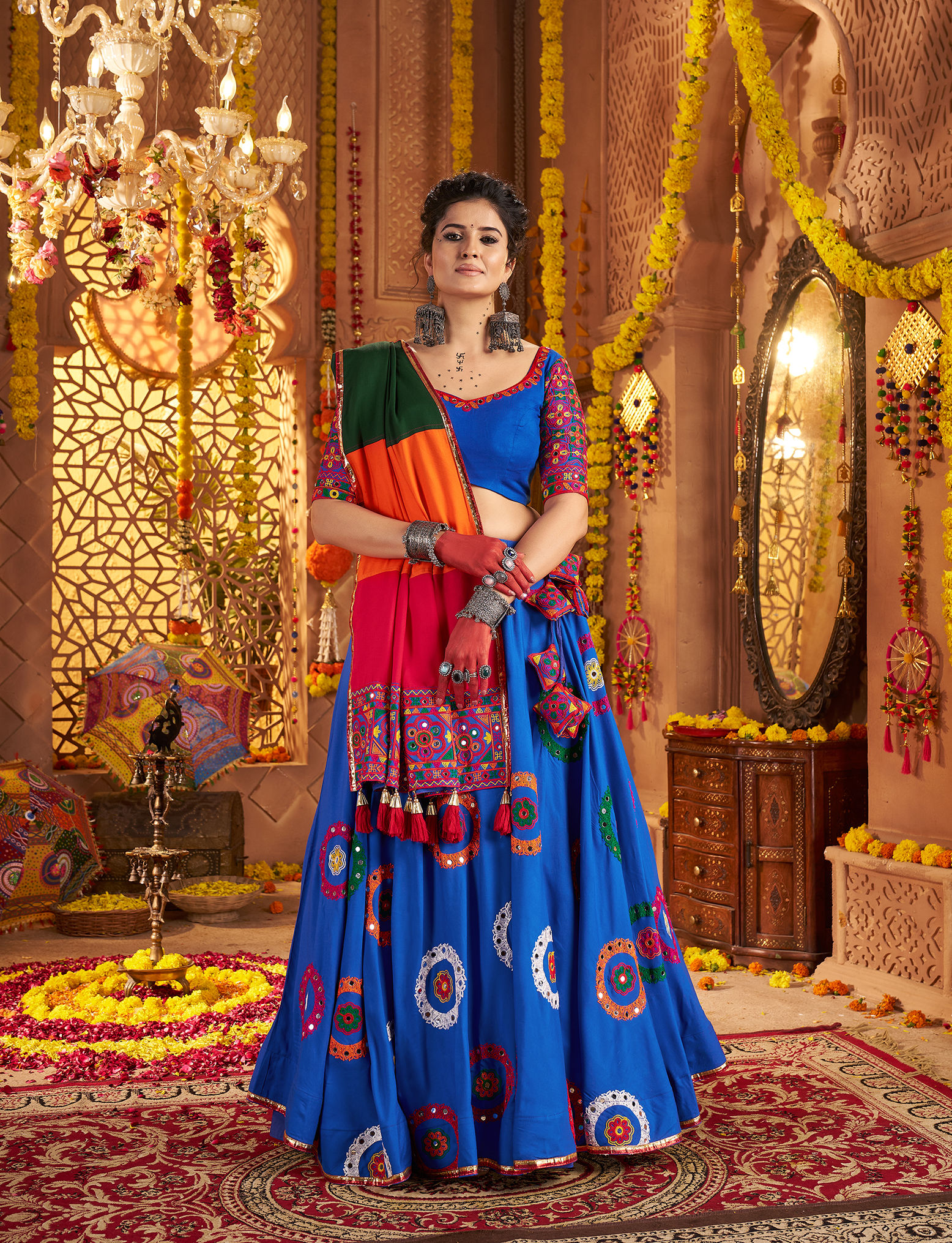 Elegant Thread Embroidered Lehenga Choli Set – Viscose Cotton with Mirror Work a