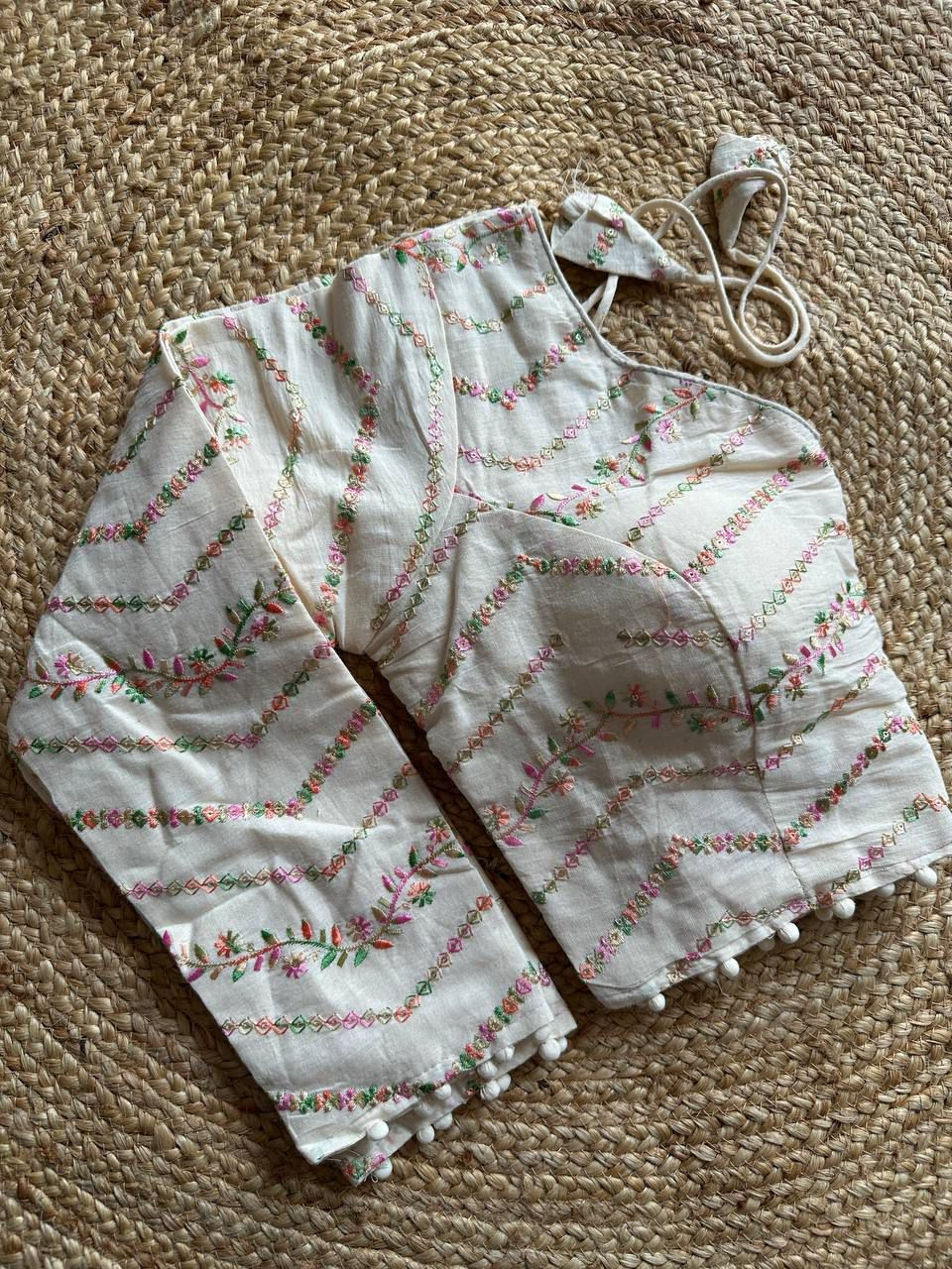 Thumbnail: Designer Chicken Embroidery work White reaadymade saree Blouses