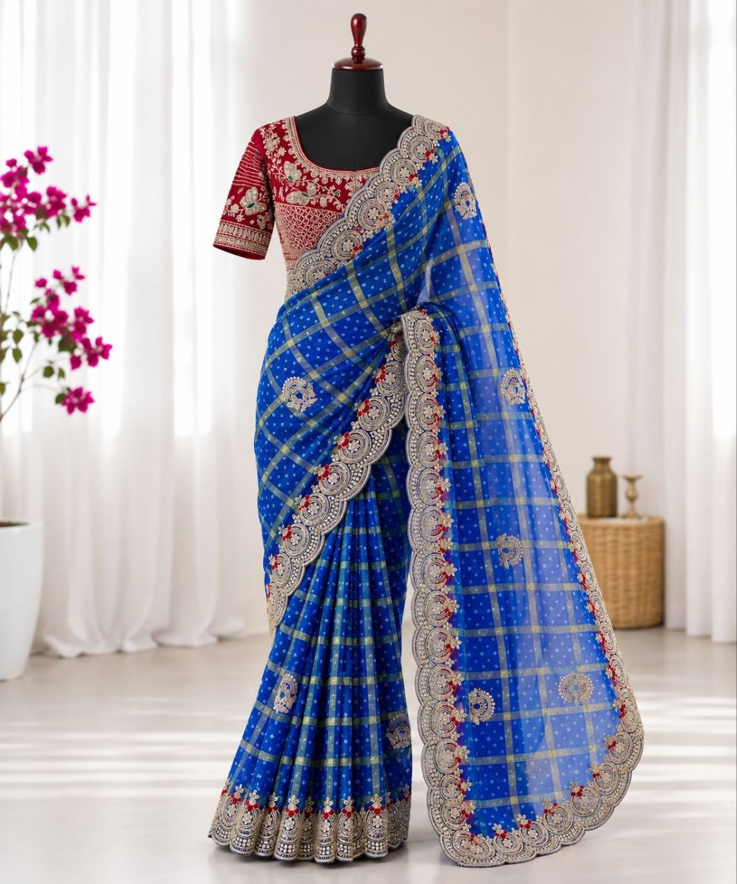Women's Panetar Chiffon Embroidered Saree with Stitched Fendy Satin Blouse