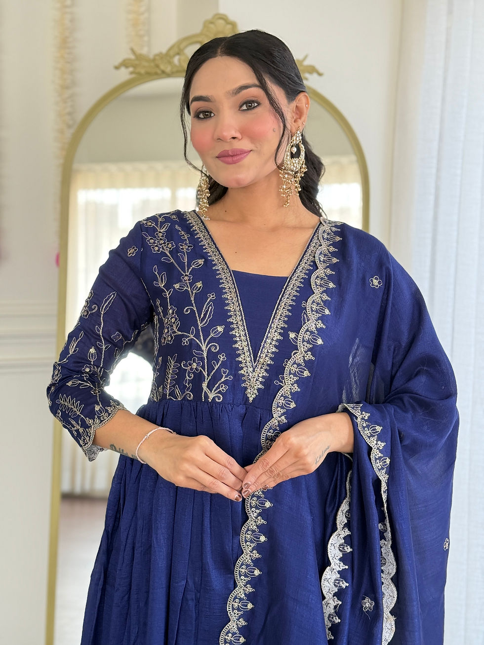 Thumbnail: Women Vichitra Silk Embroidered Flared Kurta Set with Rayon Pant and Dupatta | F