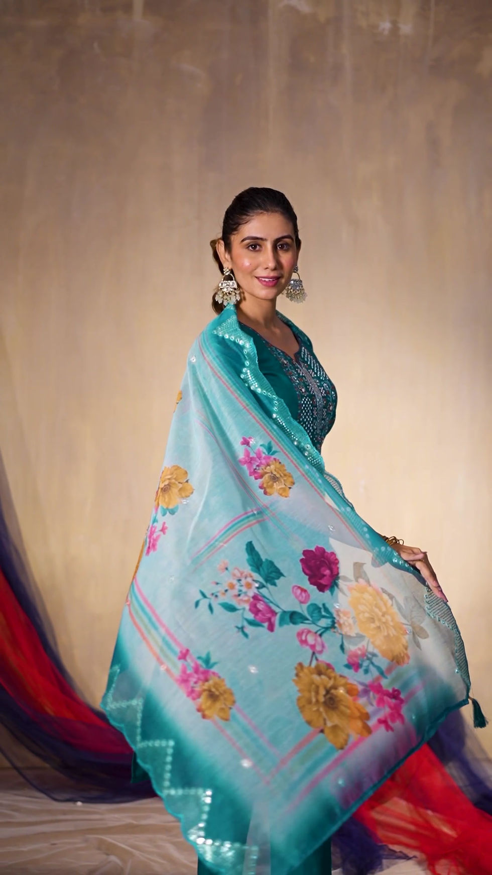 Thumbnail: Viscose Kurti Set with Dupatta – Hand Embroidered Indian 3PC Suit for Women