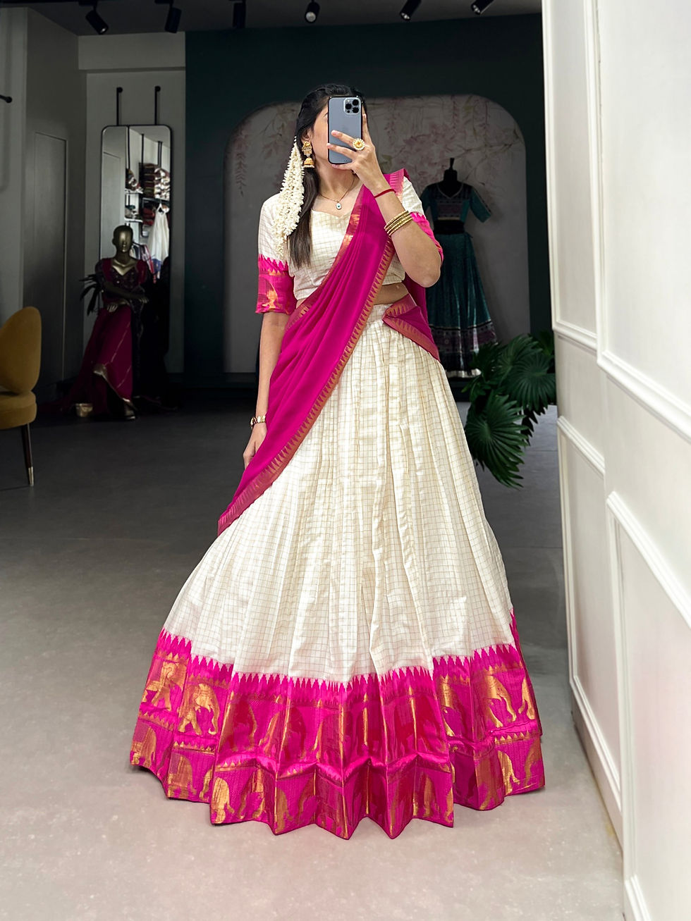 Thumbnail: Poly Cotton Lehenga Set Zari Weaving Chex Design Dupatta Festive Wear Women Outf
