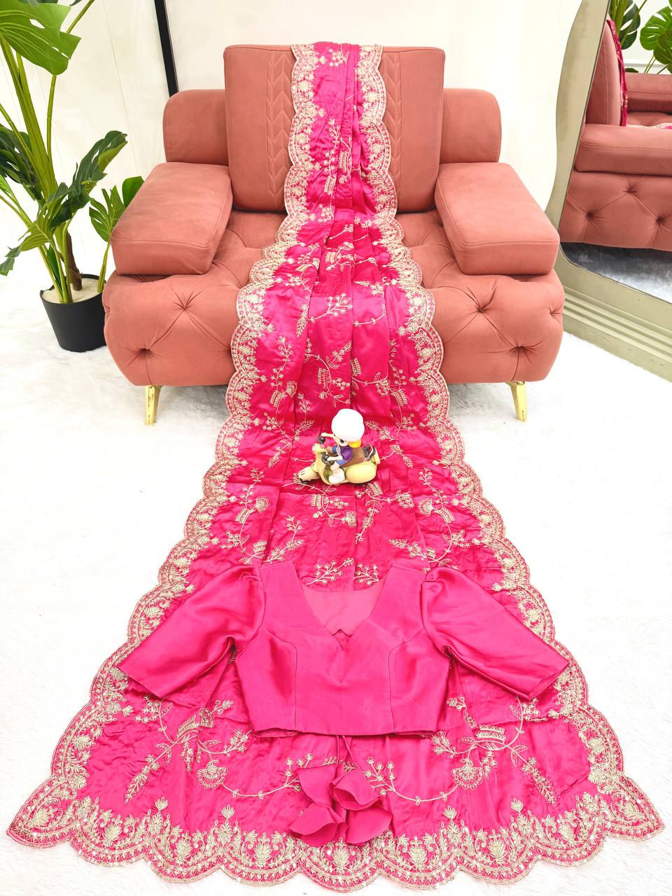 Thumbnail: Women Heavy Japan Satin Silk Saree with Sequins Embroidery Party Wear Ethnic Sar