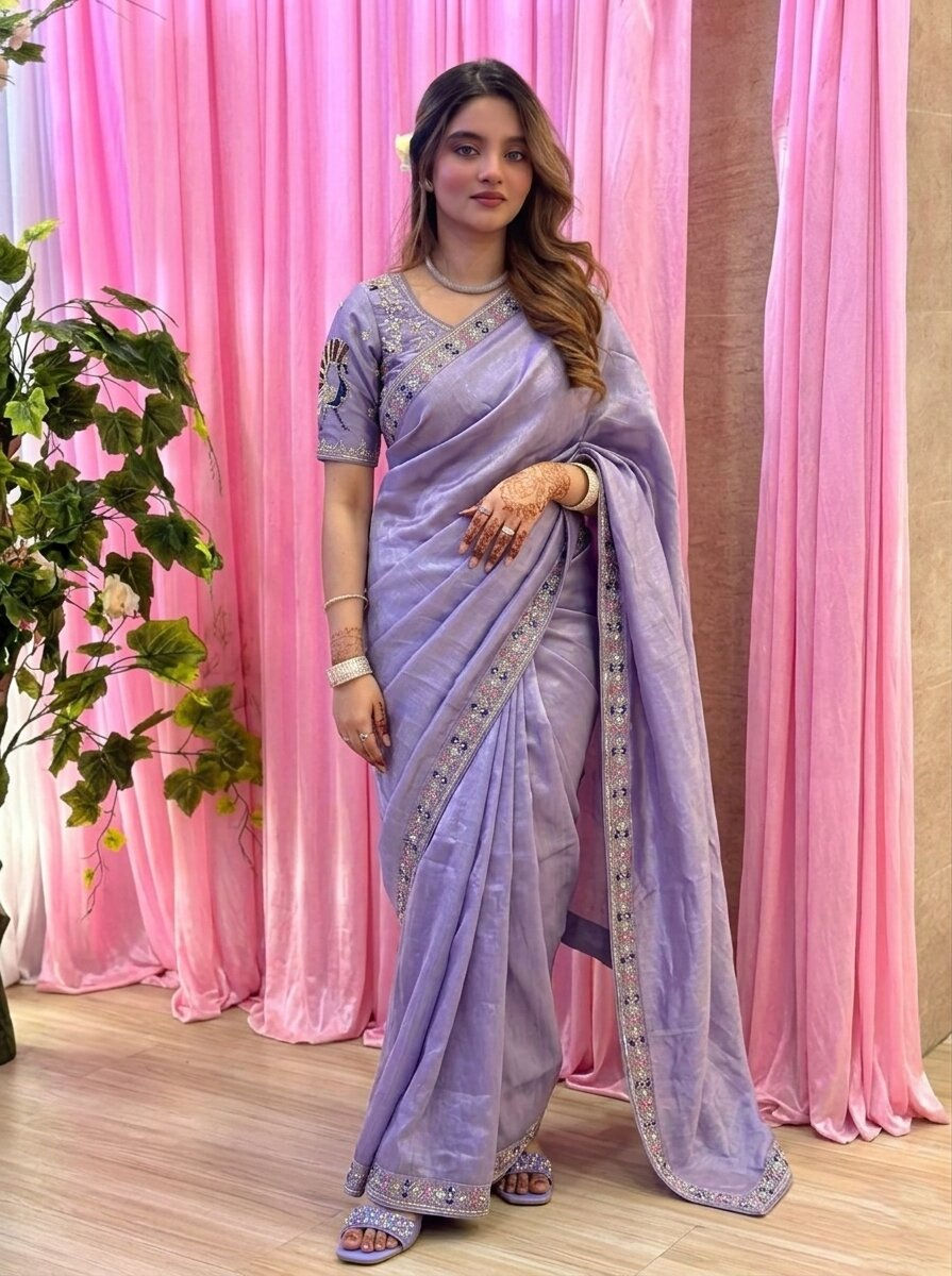 Thumbnail: Women Fendy Satin Silk Saree with 3 Beads Sequins and Cutdana Embroidery Work