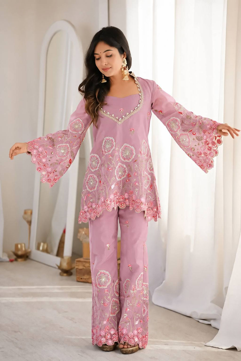Thumbnail: Premium HO Silk Co-Ord Set with Floral Thread Embroidery Sequins & Bell Pant