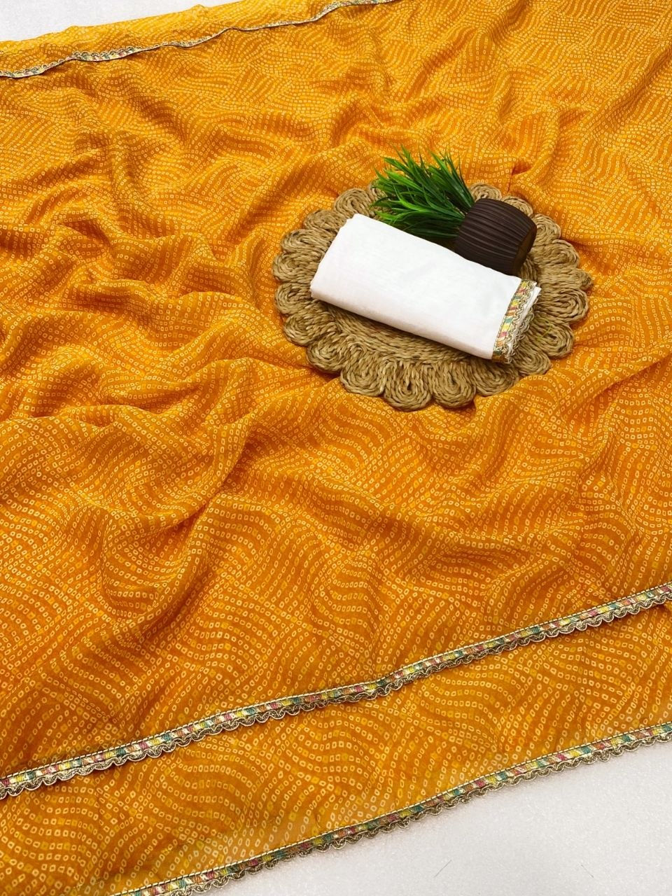 Thumbnail: Women Soft Georgette Silk Bandhani Print Saree with Valmoti Lace Border