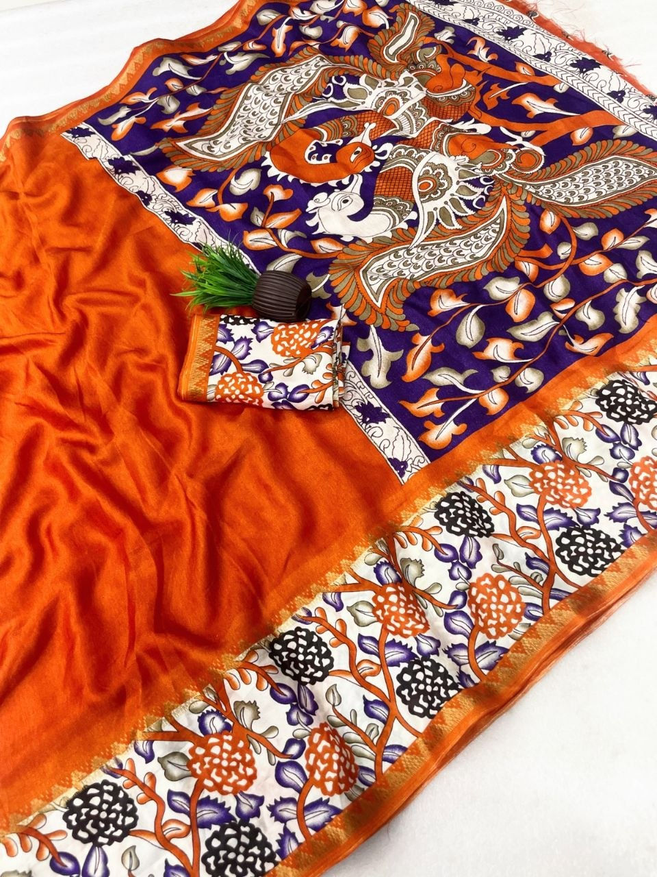 Thumbnail: Kalamkari Print Cotton Silk Saree Traditional Motif Contrast Blouse Ethnic Wear