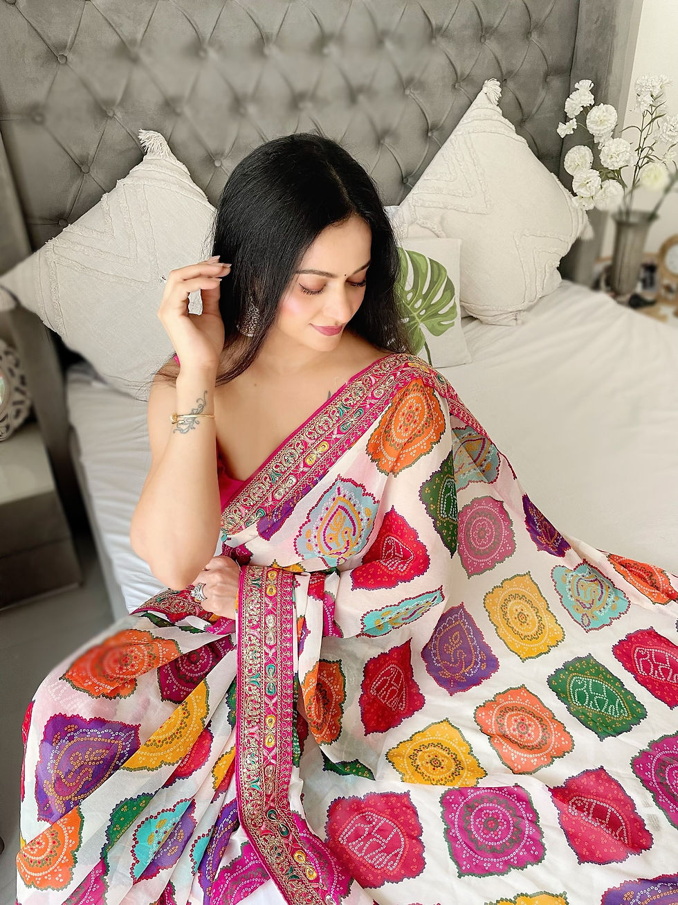 Thumbnail: Women Georgette Bandhej Print Saree with Embroidery Lace Border
