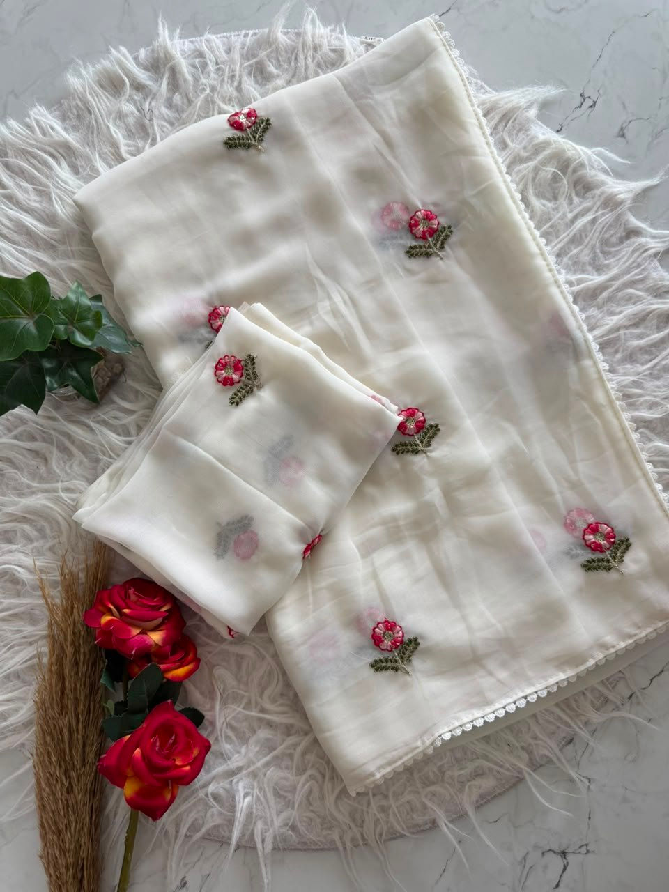 Thumbnail: Primium Soft Georrget Blooming With Multy Thread Work Butti And Gpo Lace Border