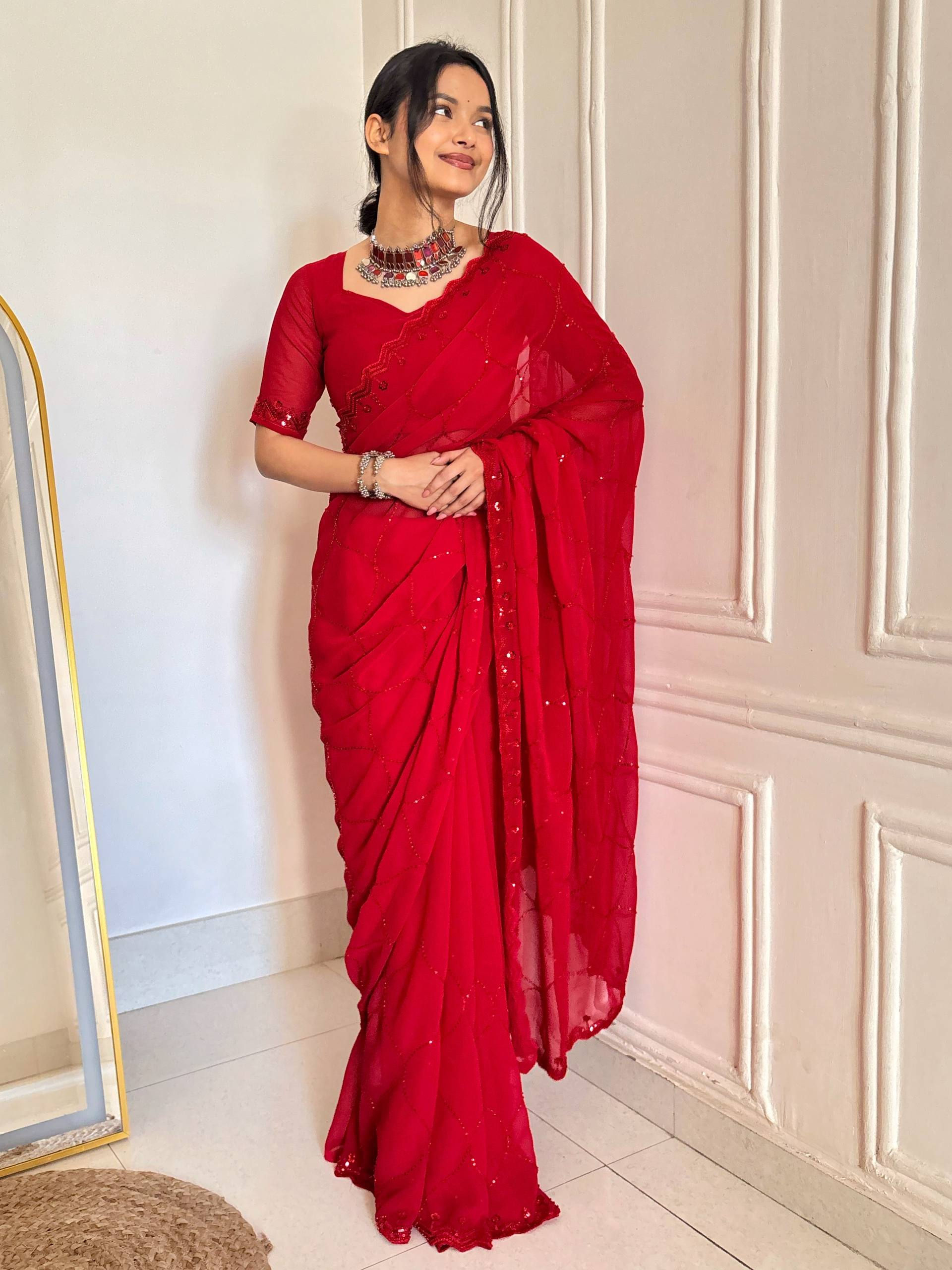 Women Faux Georgette Saree with Beads and Sequins Embellishment Work