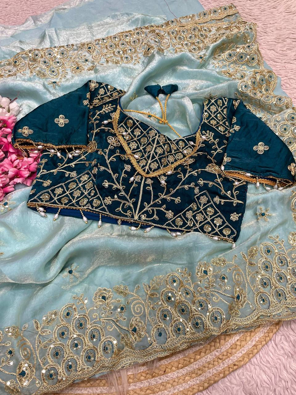Thumbnail: Fendy Satin Silk Saree with Sequins Embroidery Designer Saree Set
