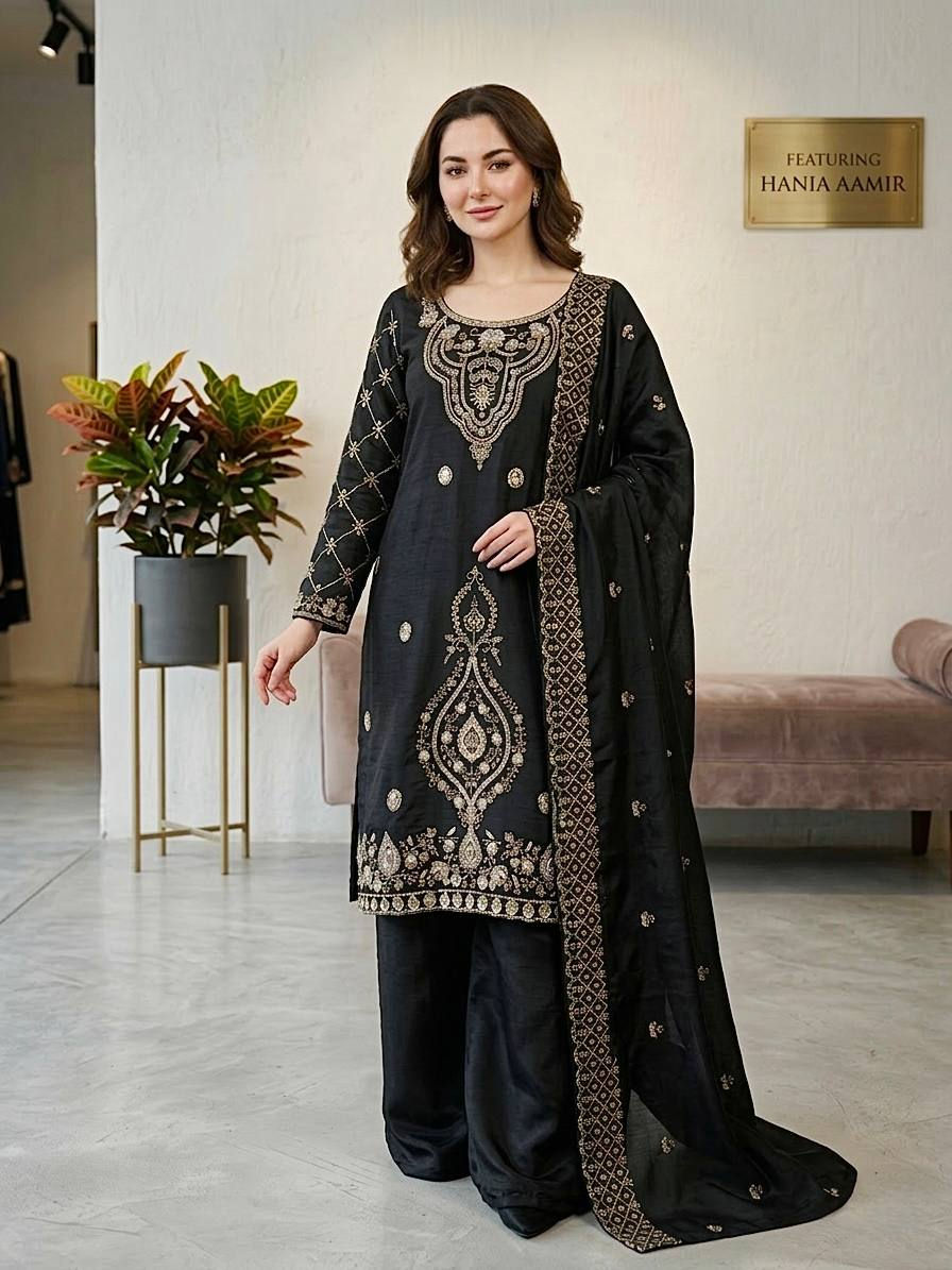 Thumbnail: Designer JimChoo Silk Sharara Suit Set with Dupatta Beads Embroidery Sequins