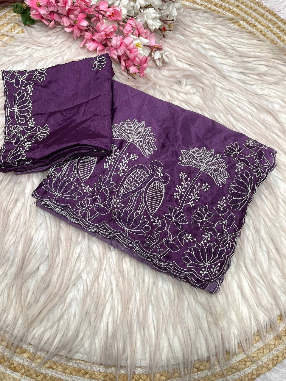 Thumbnail: Chinnon Padding Saree with Bird Embroidery Designer Party Wear Saree