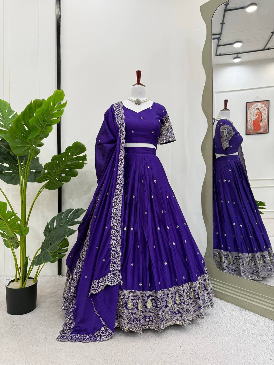 Thumbnail: Chinon Silk Lehenga Thread Sequins Work Women Festive Bridal Outfit with Dupatta