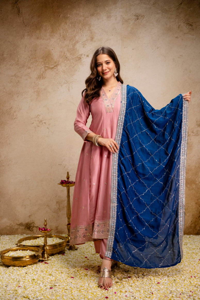 Thumbnail: Women Vichitra Silk Anarkali Suit Set Embroidered Festive Wear