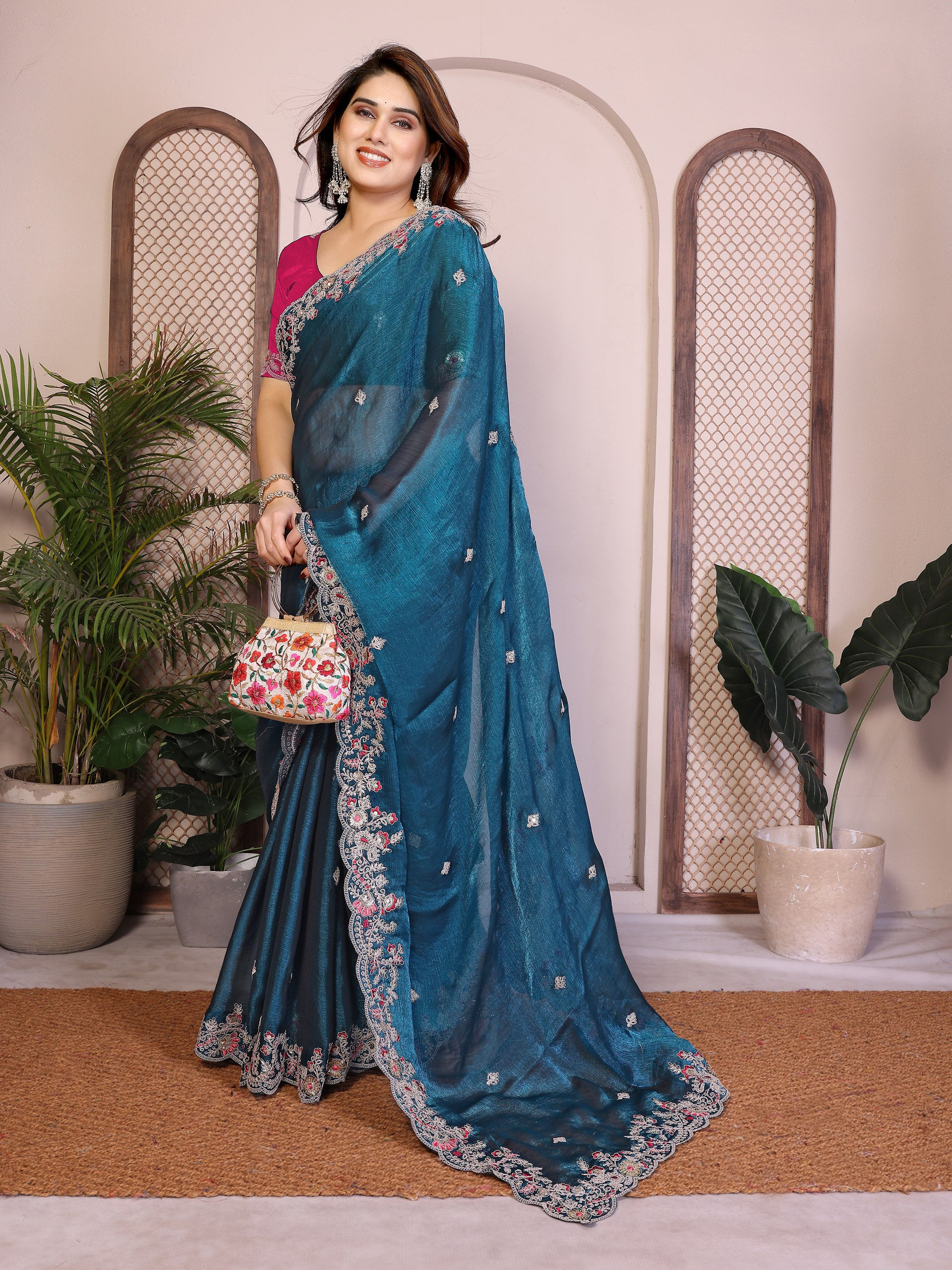 Designer Fendy Chiffon Silk Saree with Embroidery Butta C-Pallu and Banglory Sil