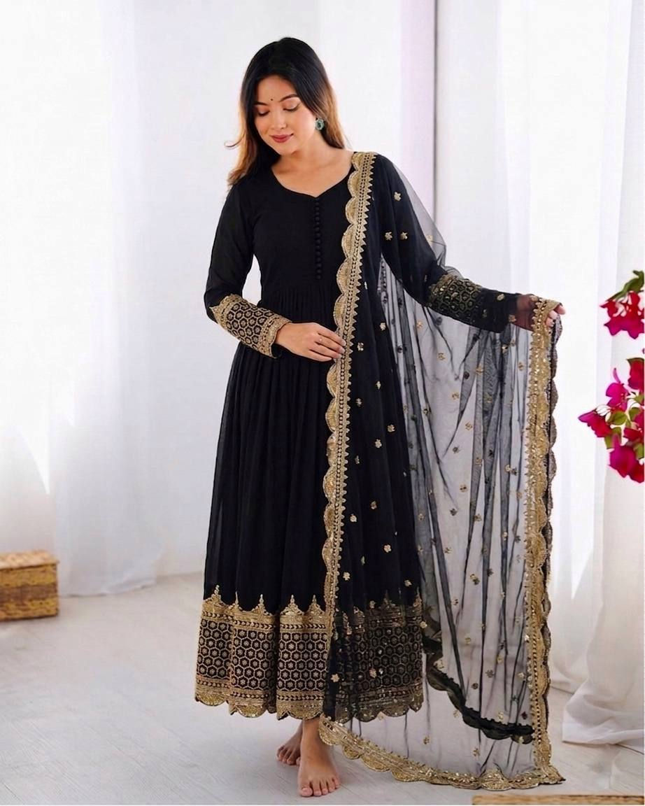 Thumbnail: Georgette Embroidered Gown with Net Dupatta Sequins Work Flared Party Wear Women