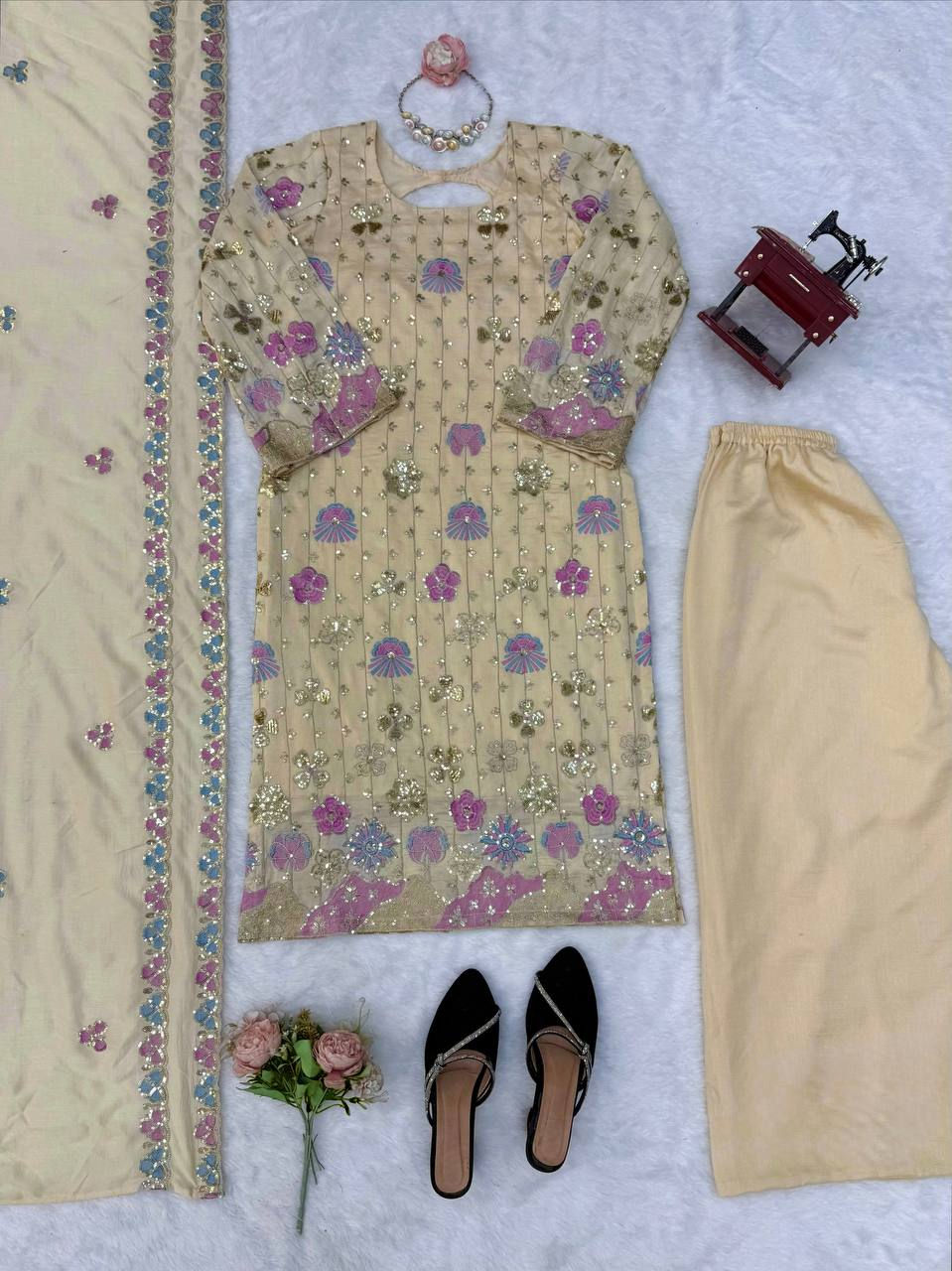 Thumbnail: Vichitra Silk Embroidered Kurta Palazzo Dupatta Set for Women Thread Sequins Fes
