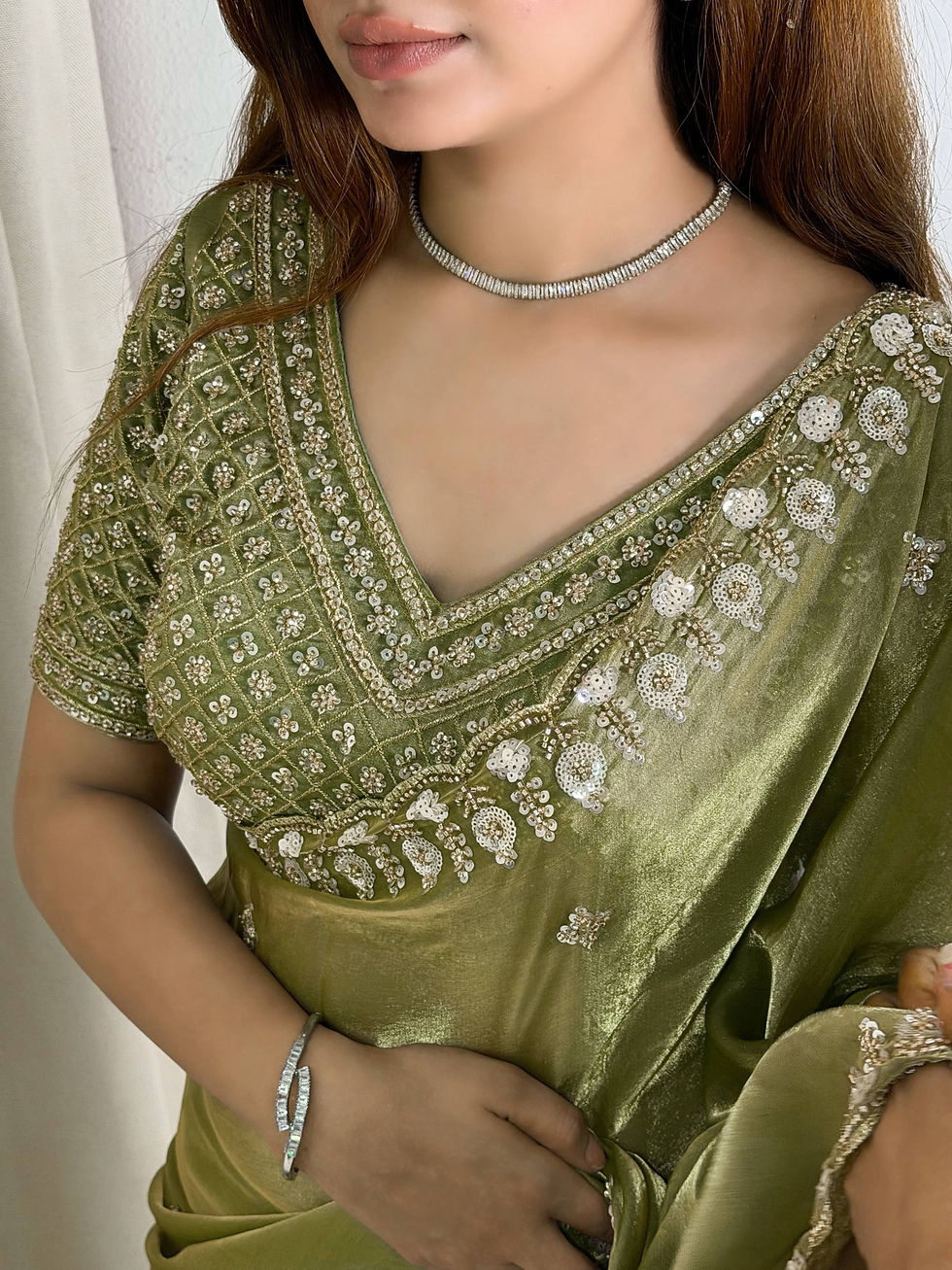 Thumbnail: Women Fandy Satin Saree with Beads and Sequins Work