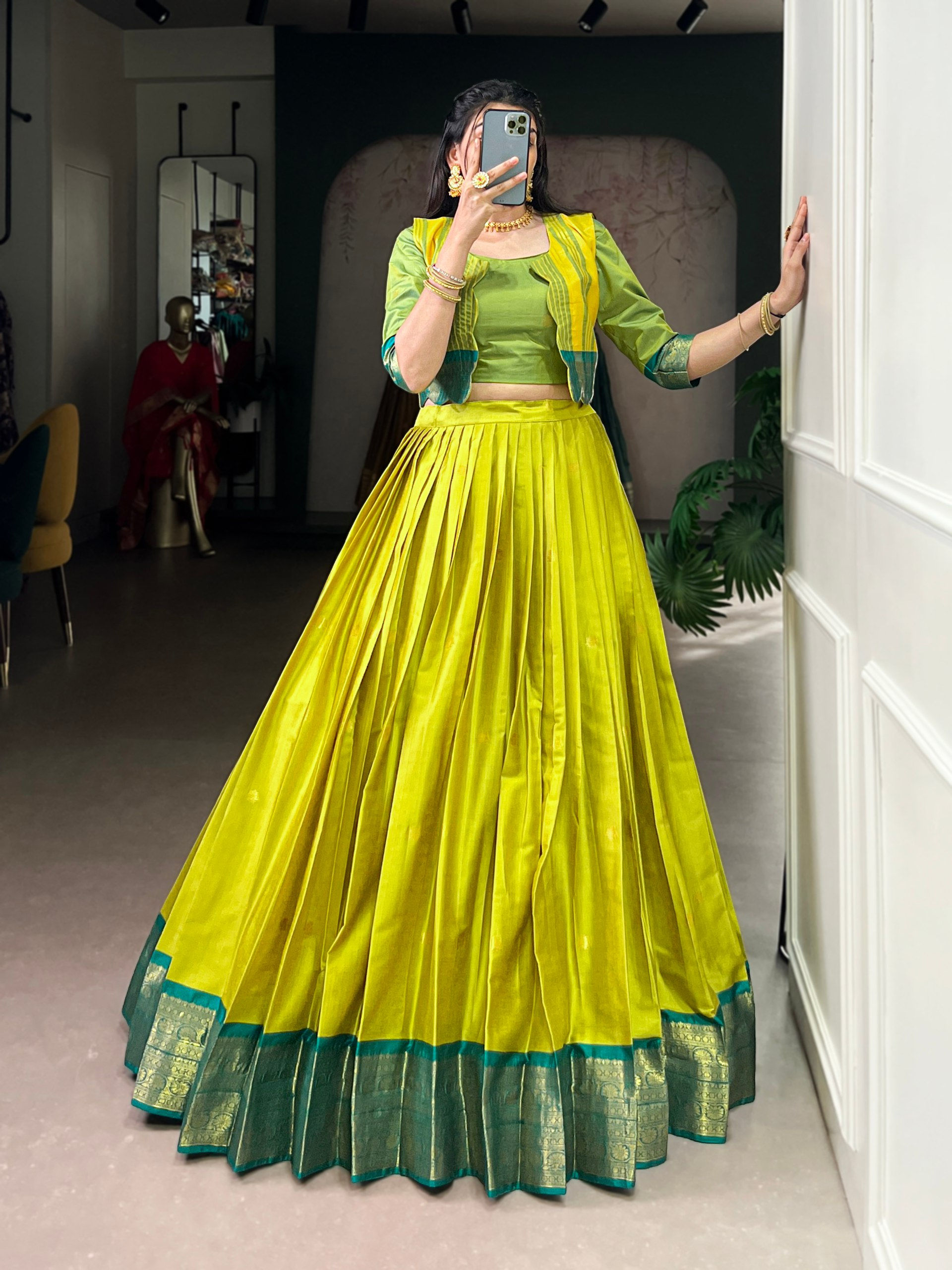 Poly Cotton Zari Weaving Lehenga Co Ord Set with Blouse and Koti for Festive Wea