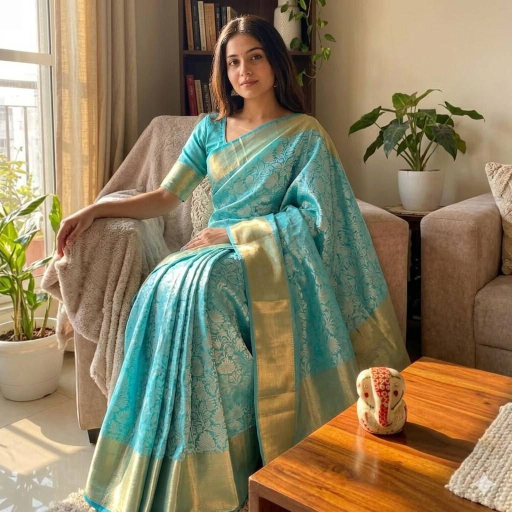 Nita Ambani Inspired Zari Weaving Saree with Golden Floral Weaving & Rich Runnin