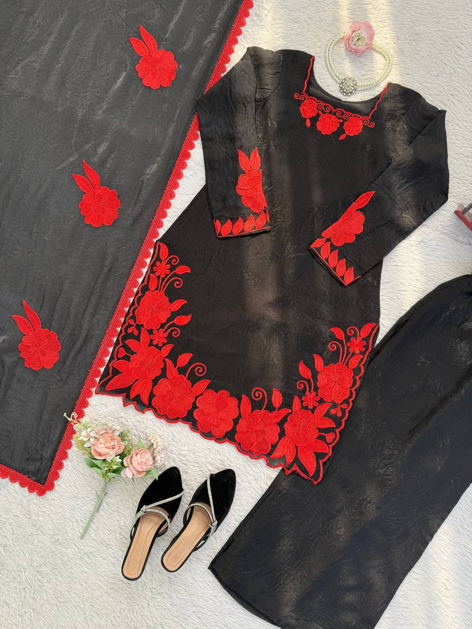 Thumbnail: Viscose Embroidered Kurta Pant Set with Batwa Bell Sleeves Zari Sequin W