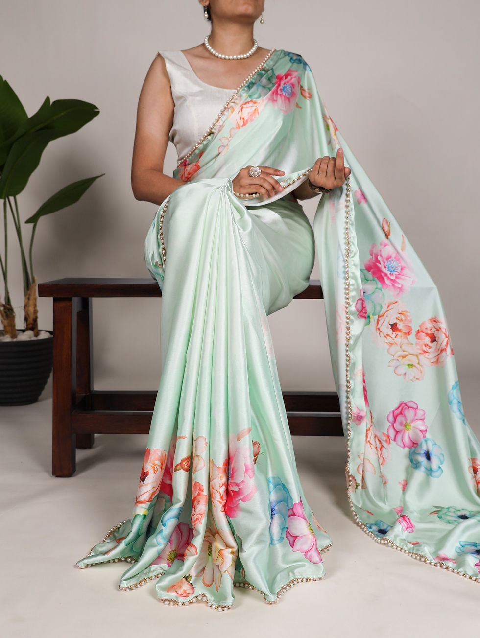Thumbnail: Satin Silk Floral Print Saree with Pearl Lace Border