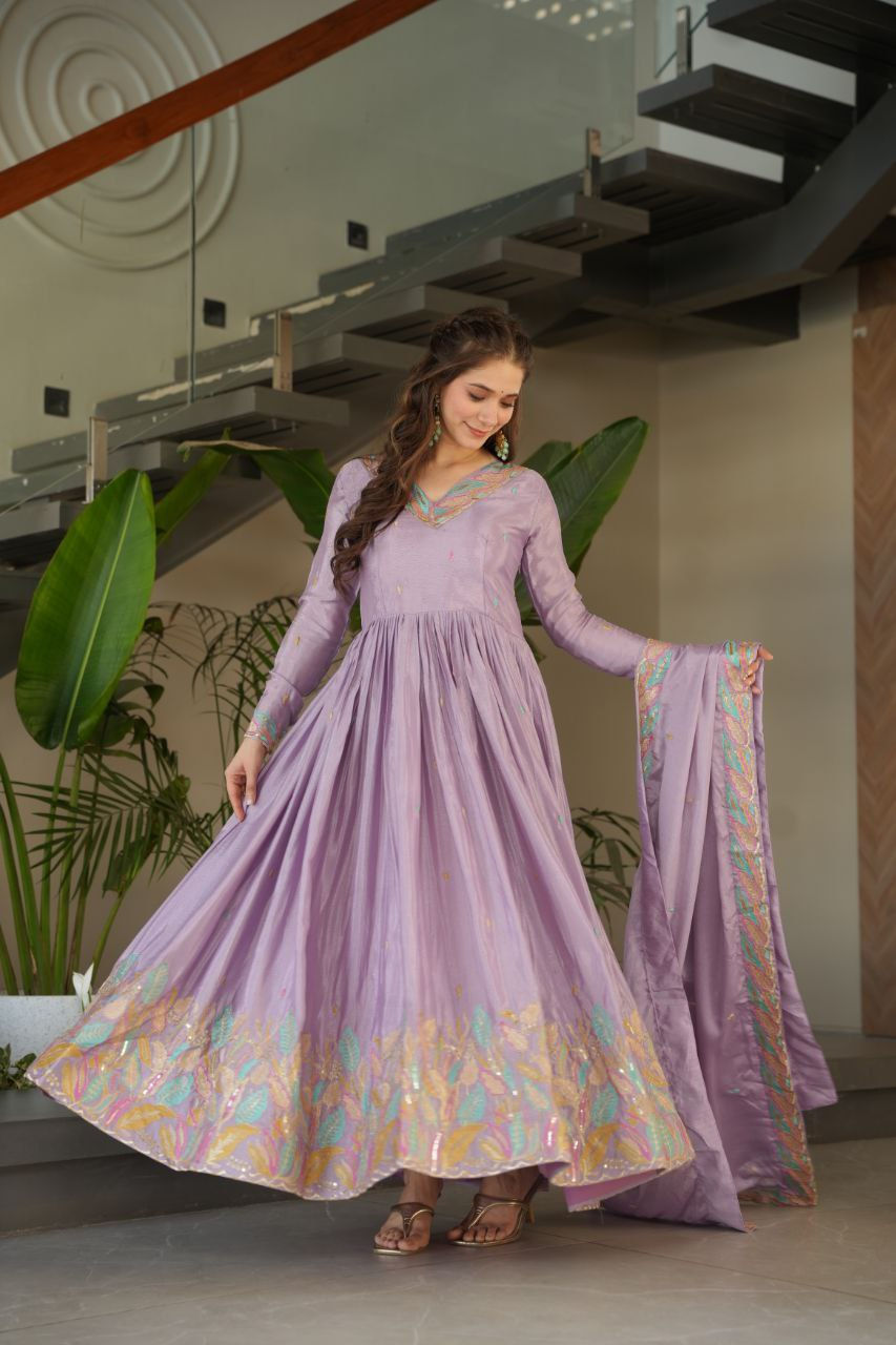 Thumbnail: Chinnon Fabric gown with Sequins & Multi Thread  Embroidered Work, It looks grac