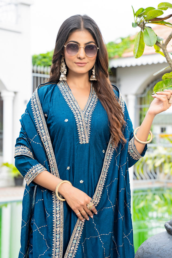 Thumbnail: Women Vichitra Silk Anarkali Suit Set Embroidered Festive Wear