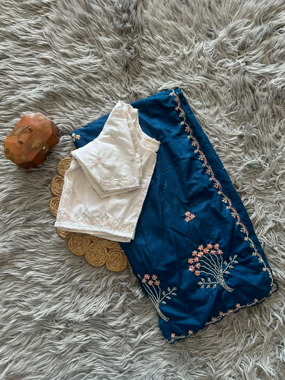 Thumbnail: Women Premium Chinnon Crush Saree with Multi Sequins Handwork and Scallop Border