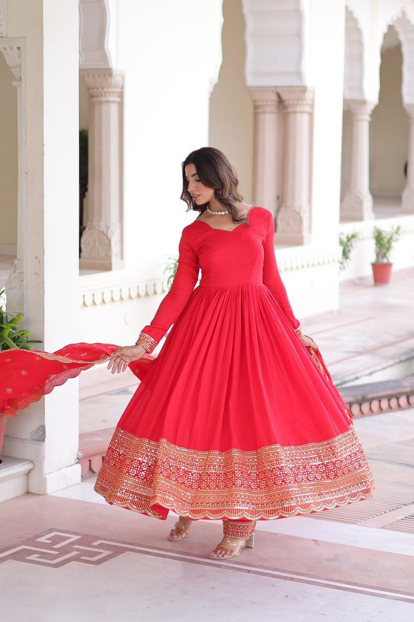 Thumbnail: Vichitra Silk Sequins Embroidered Gown Set with Bottom and Dupatta for Women
