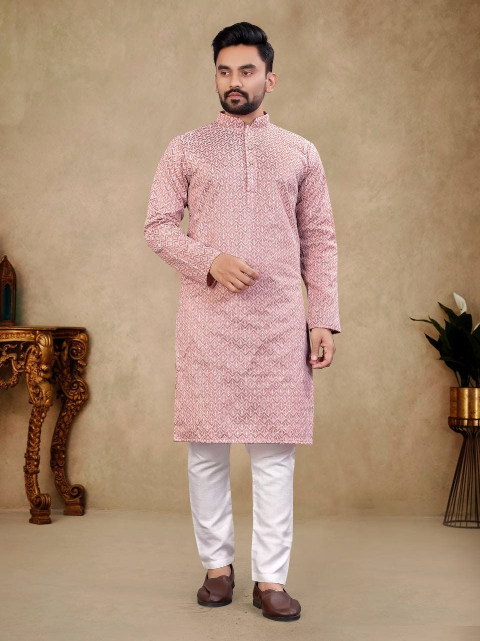 Thumbnail: Indian Mens kurta Pure Cotton embroidered Men's Kurta payjama set men wedding ku