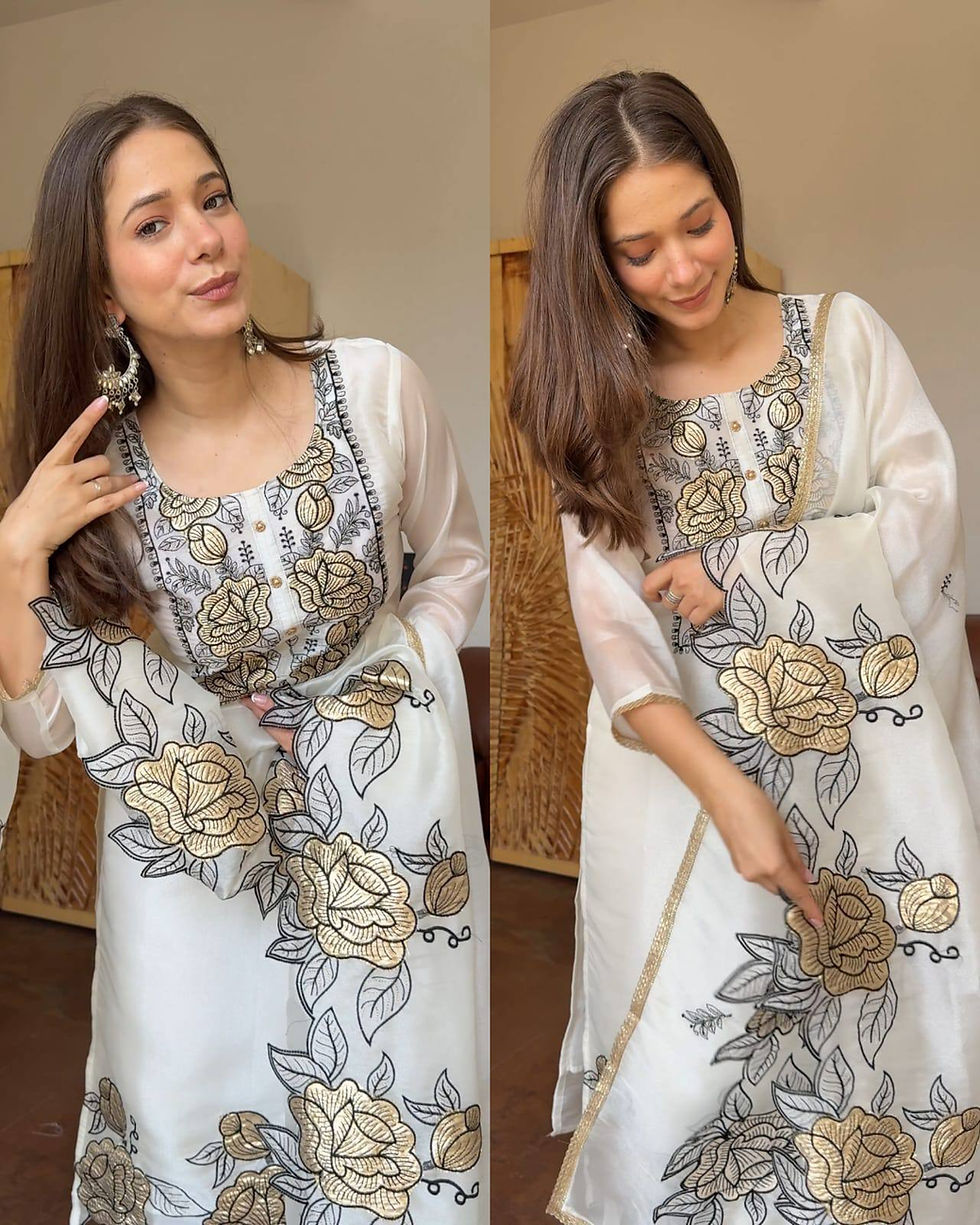 Thumbnail: Jimmy Choo Suit Set Embroidery Cut Work Women Festive Wear Ethnic Outfit