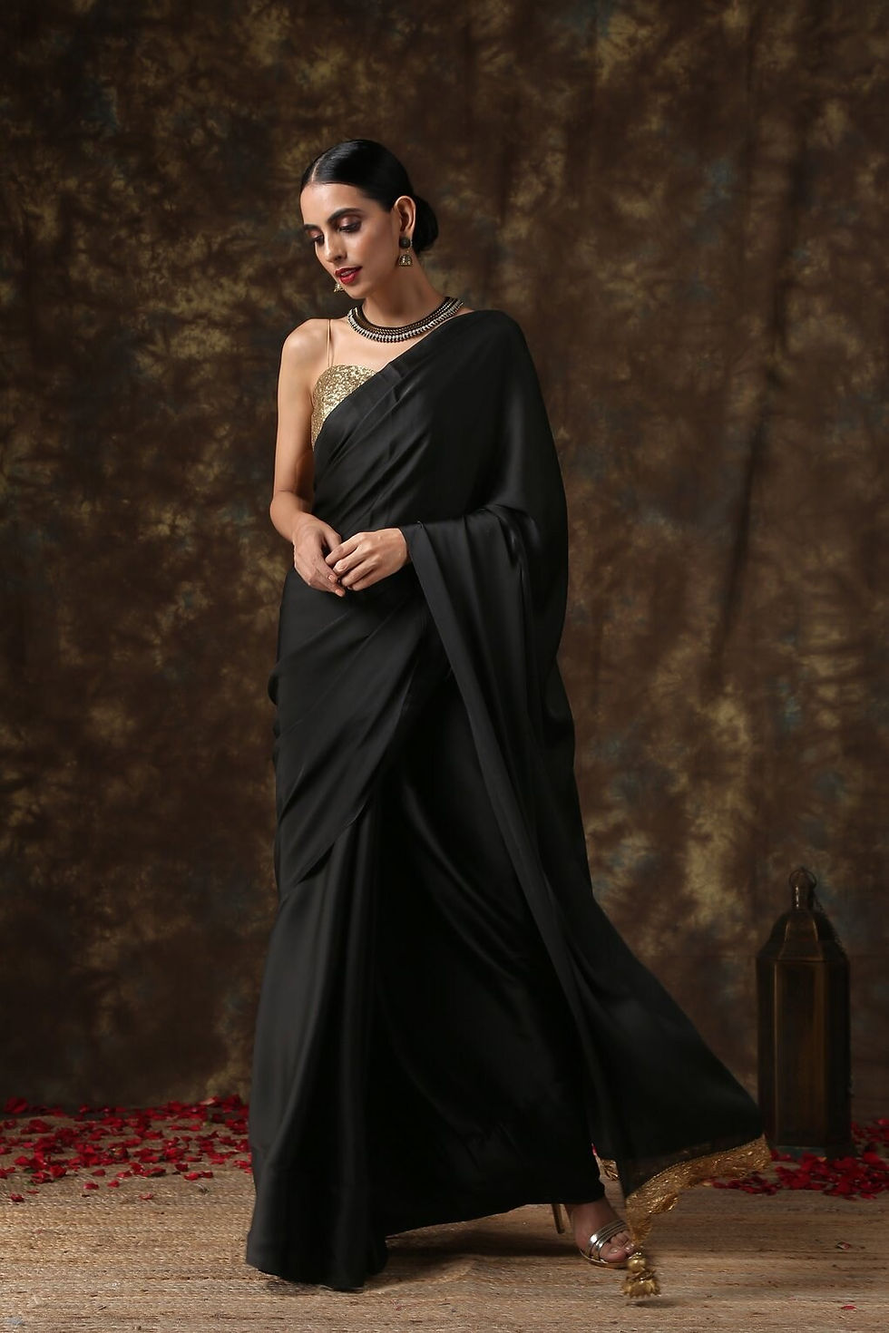 Thumbnail: Black Color Satin Silk Plain Saree With gold Sequence embroidery unstitched Blou