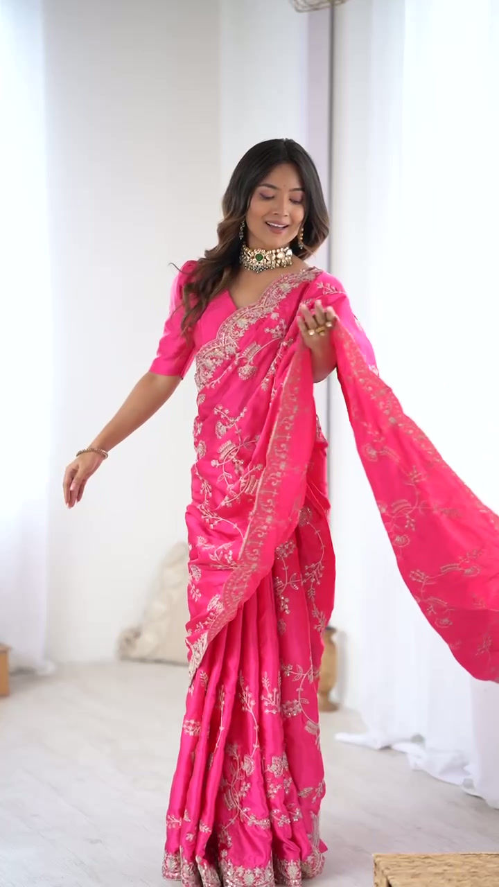 Thumbnail: Women Heavy Japan Satin Silk Saree with Sequins Embroidery Party Wear Ethnic Sar