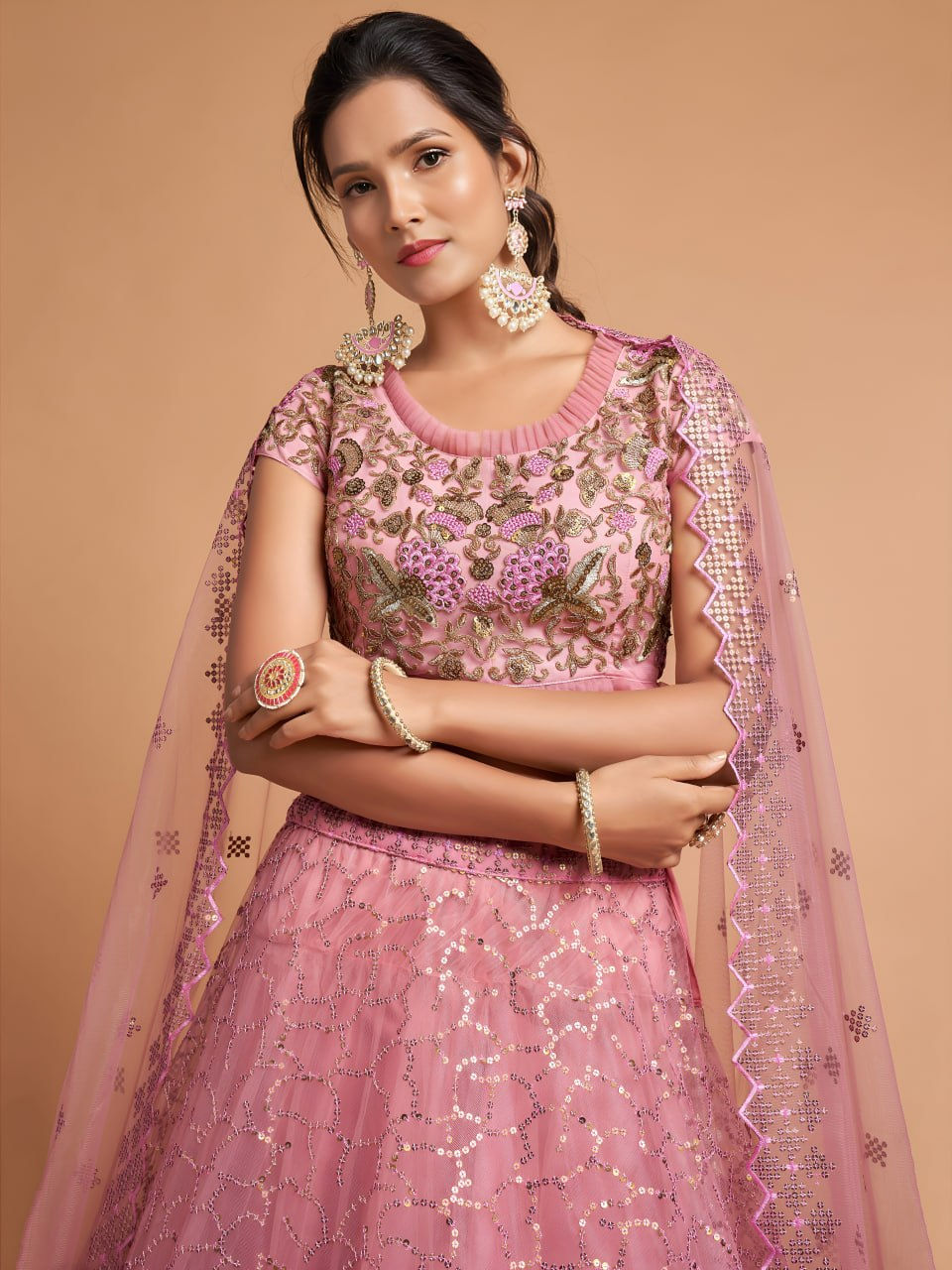 Thumbnail: Soft Net Lehenga Zari Dori Sequins Embroidery Women Bridal Festive Outfit