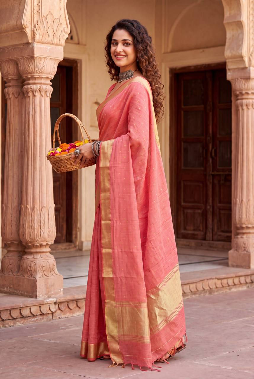 Thumbnail: Women Soft Linen Cotton Silk Saree with Gold Zari Weaving and Self Design