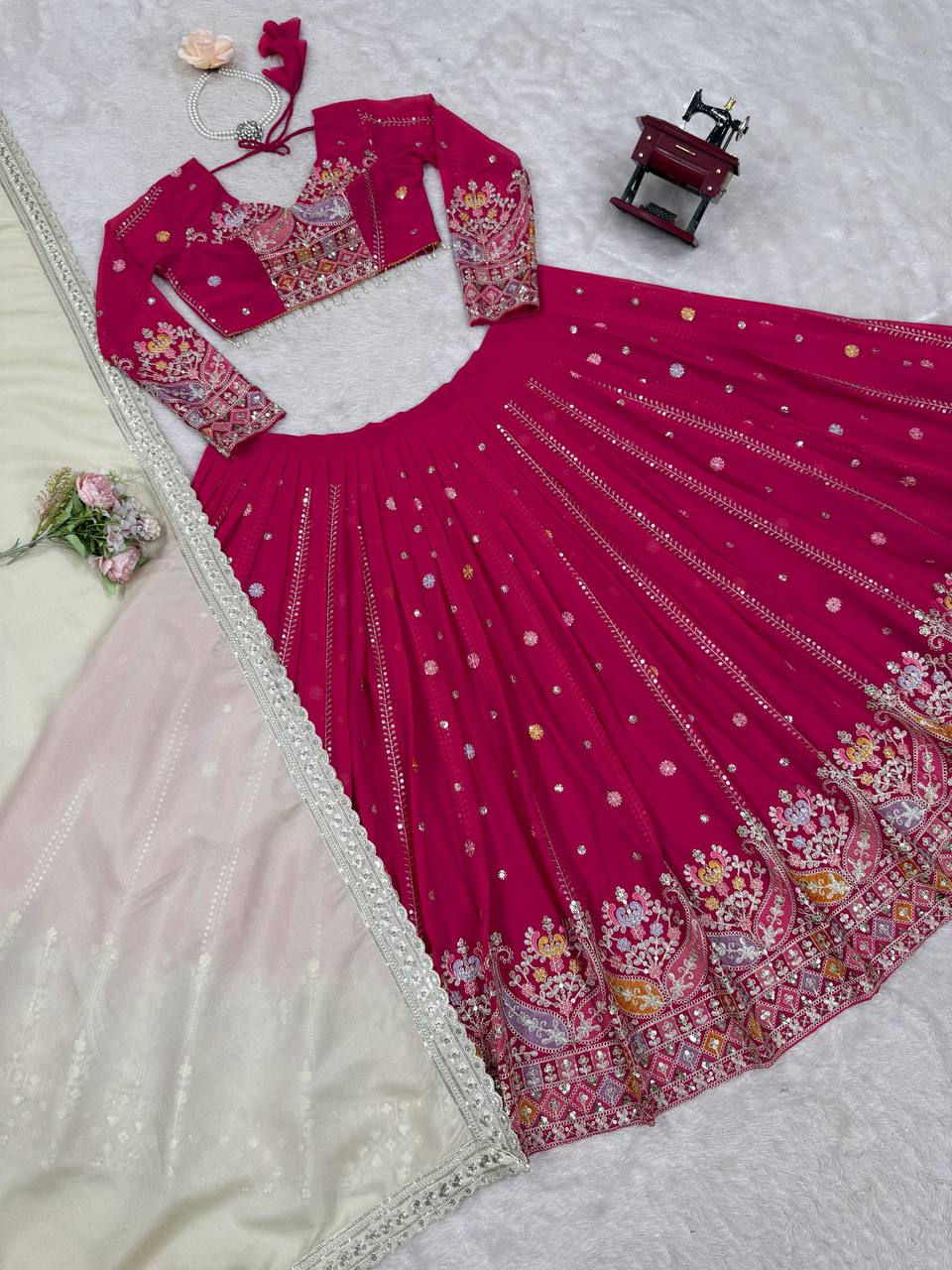 Thumbnail: Faux Georgette Lehenga Thread Sequins Work Women Festive Bridal Outfit