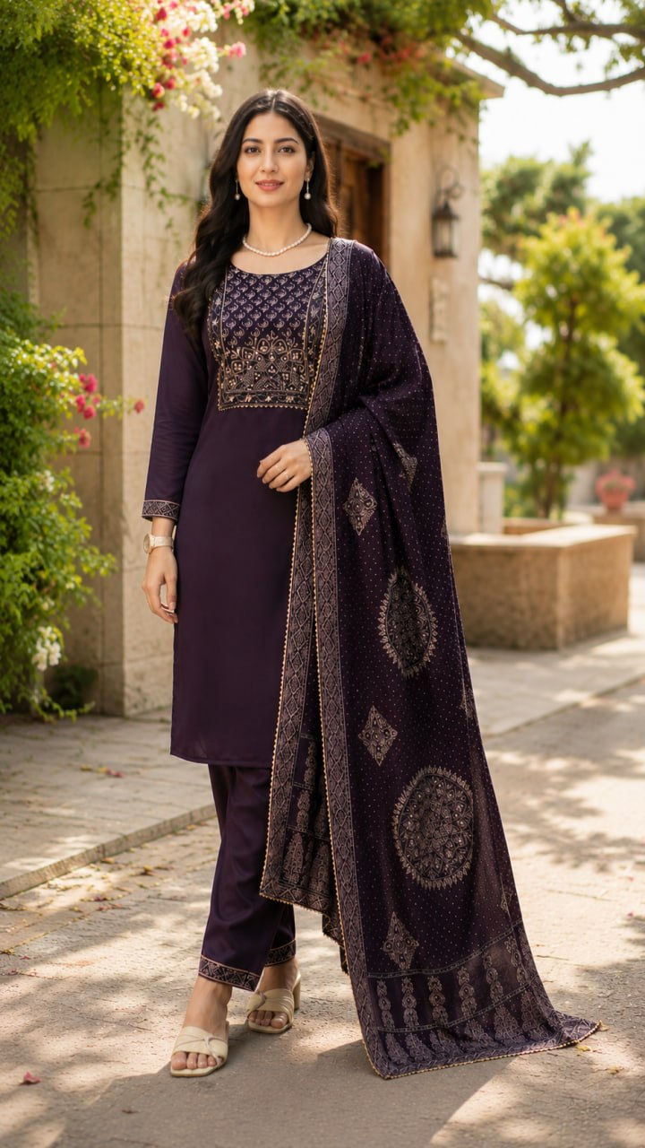 Thumbnail: Women's Modal Chanderi Kurti Pant Set with Azarakh Printed Dupatta
