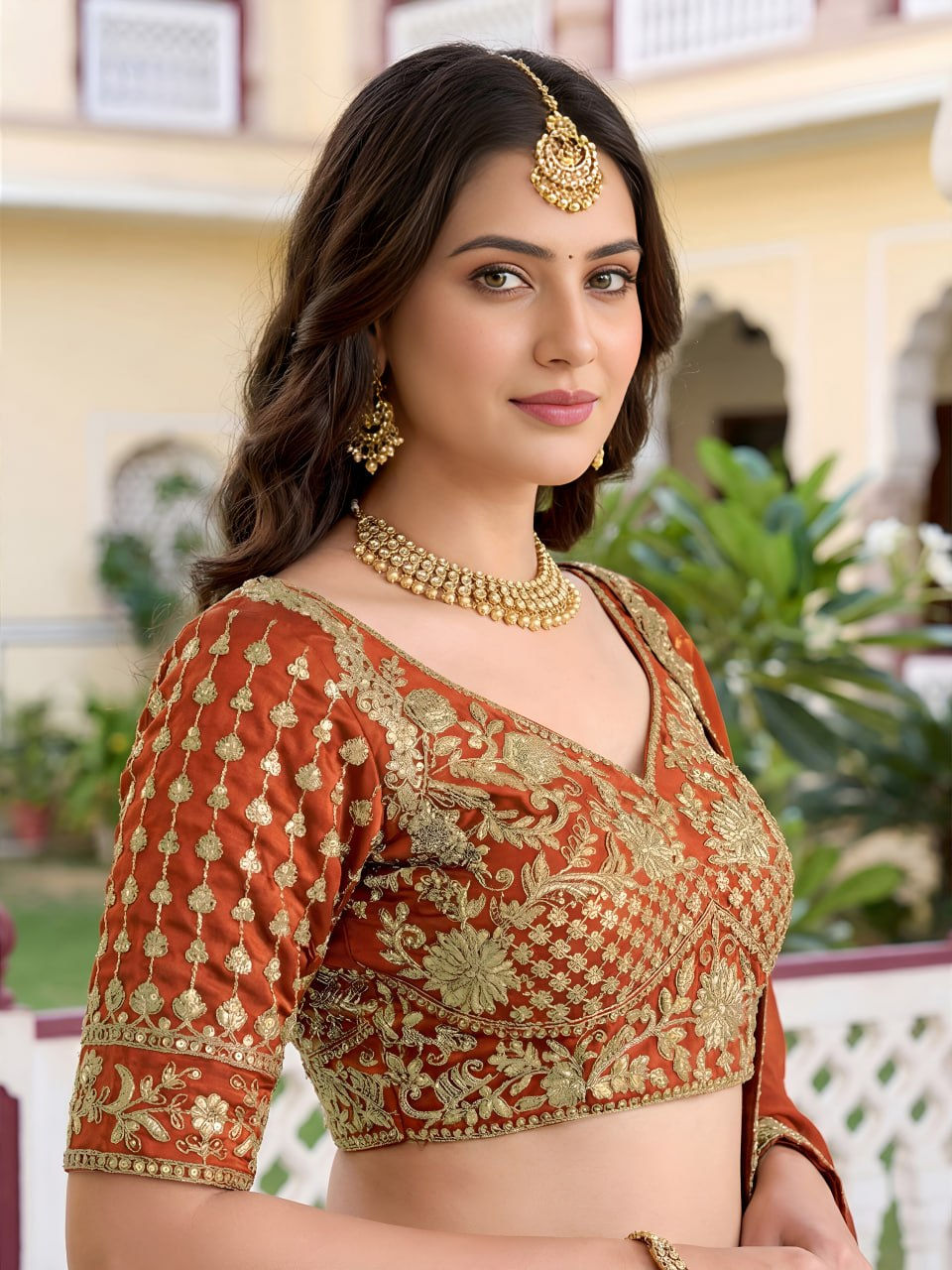 Thumbnail: Women's Rust Orange Rangoli Silk Semi-Stitched Lehenga Choli with Embroidered Du