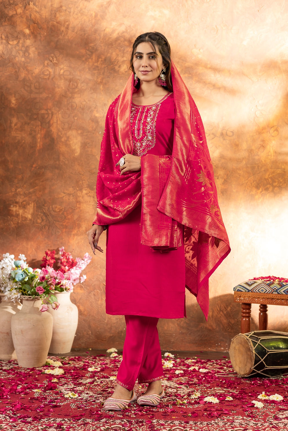 Thumbnail: Casual Hand Embroidered Kurti Suit – Viscose 3 Piece Set with Dupatta & Pants