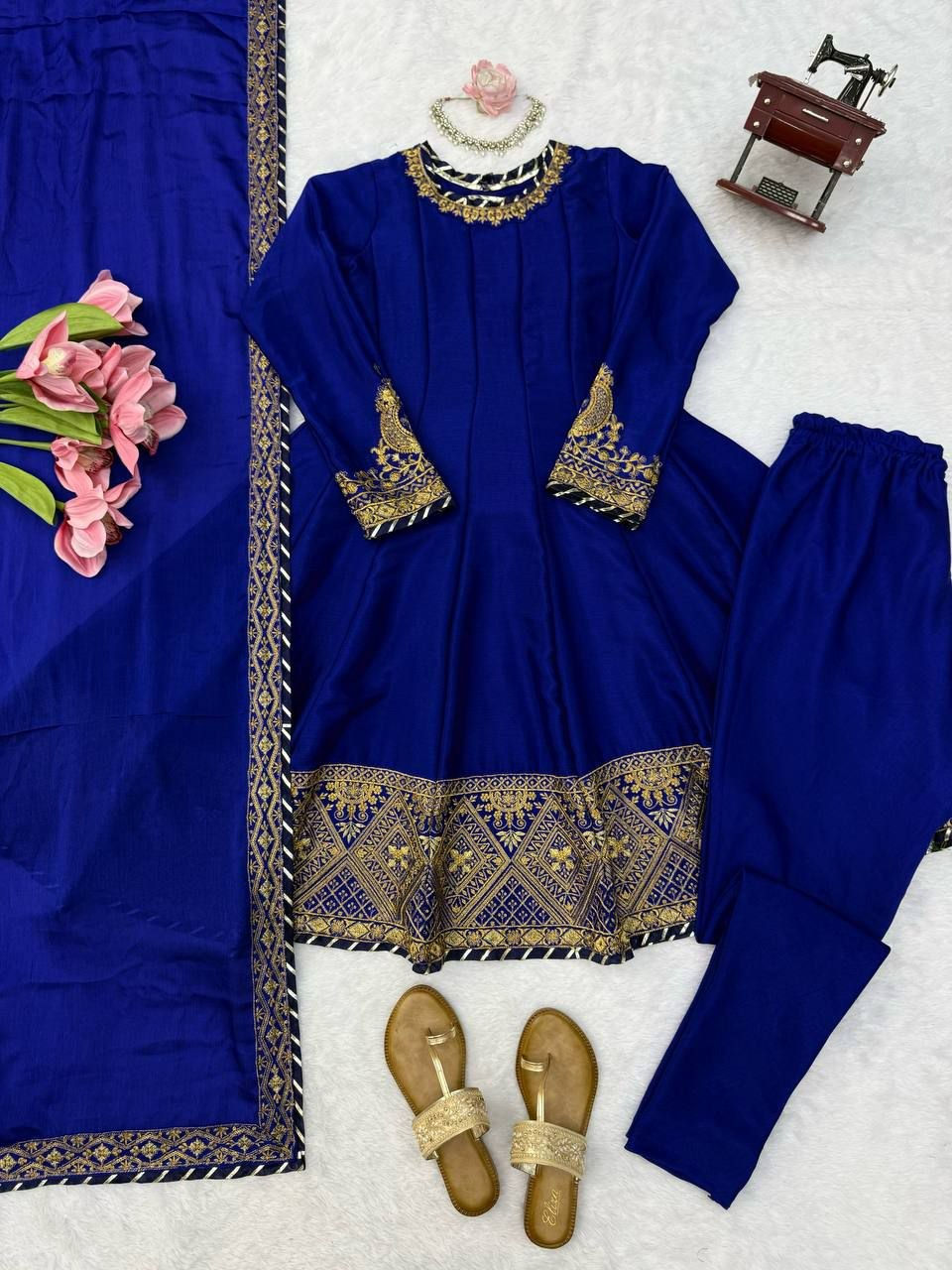 Thumbnail: Women's Chinon Anarkali Suit Set with Chudidar & Gotta Patti Lace Dupatta